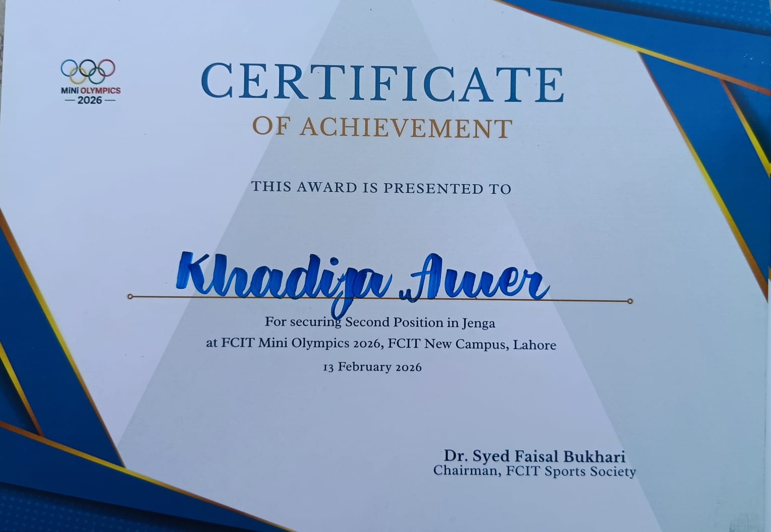 Jenga Runner-up Certificate