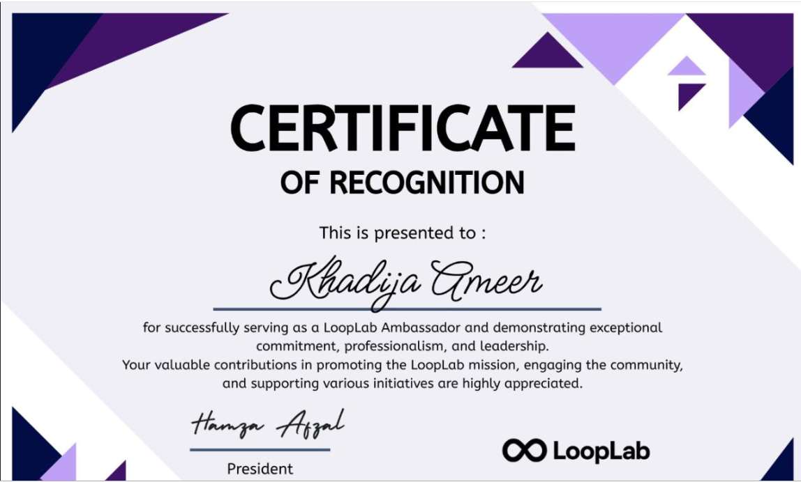 LoopLab Ambassador — Certificate of Recognition
